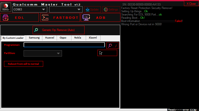 Qualcomm master tool edl frp remove samsung huawei 2 Qualcomm master tool software interface for removing frp locks on samsung and huawei phones through edl mode