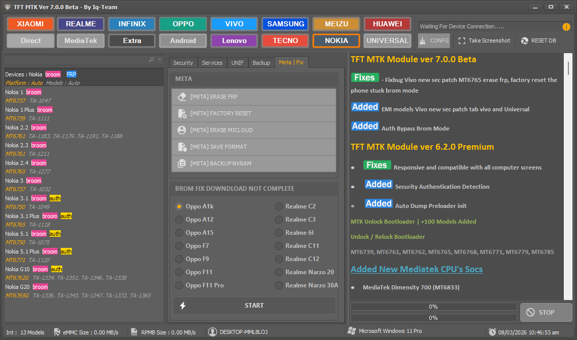 Tft mtk module tool v7. 0. 0 download (latest version) 6 Tft mtk module tool interface showing mediatek device repair and unlocking features.