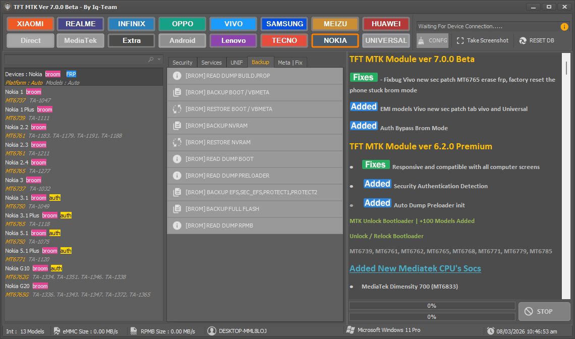 Tft mtk module tool v7. 0. 0 download (latest version) 5 Tft mtk module tool interface showing mediatek device service options like frp flashing and unlocking.