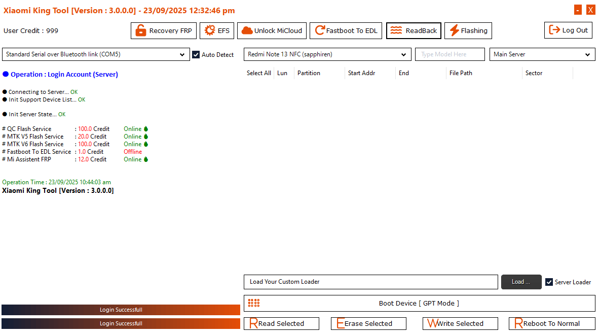 Xiaomi king tool readback operations with load custom loader read erase and write partitions