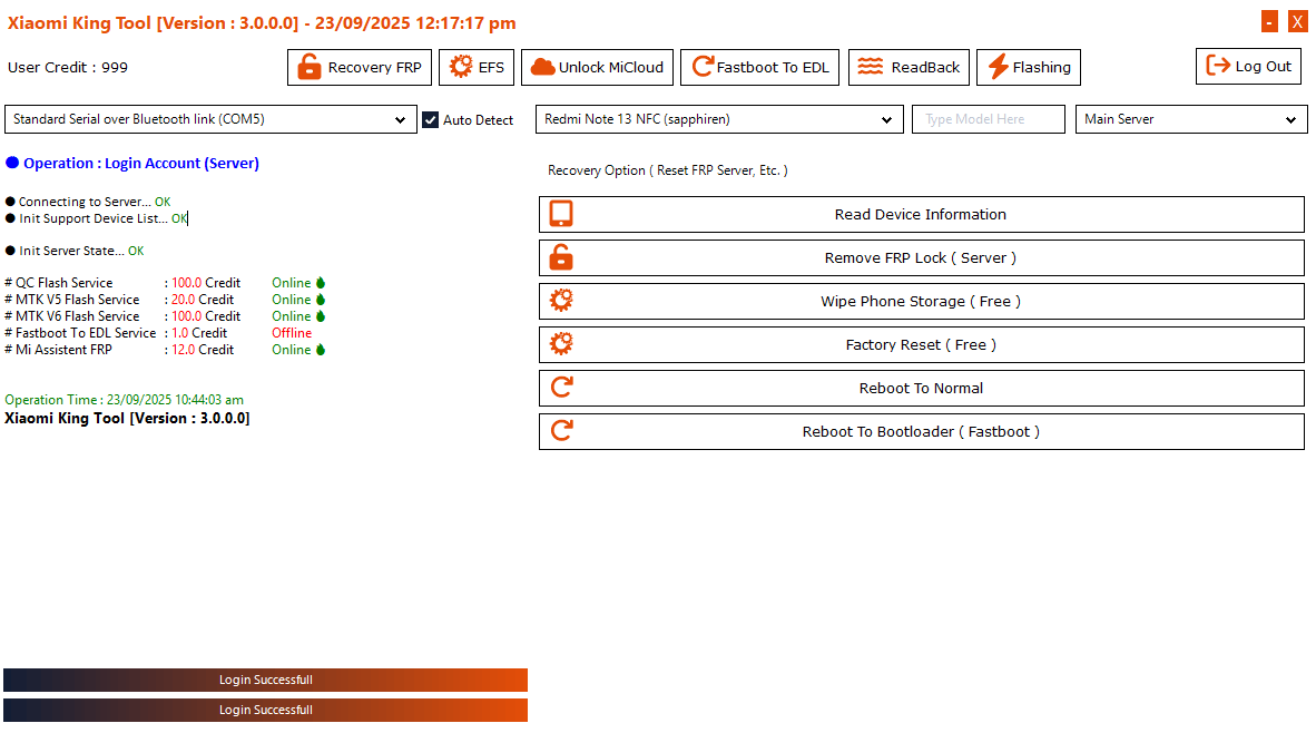 Xiaomi king tool recovery frp menu with options like remove frp lock, factory reset, and reboot