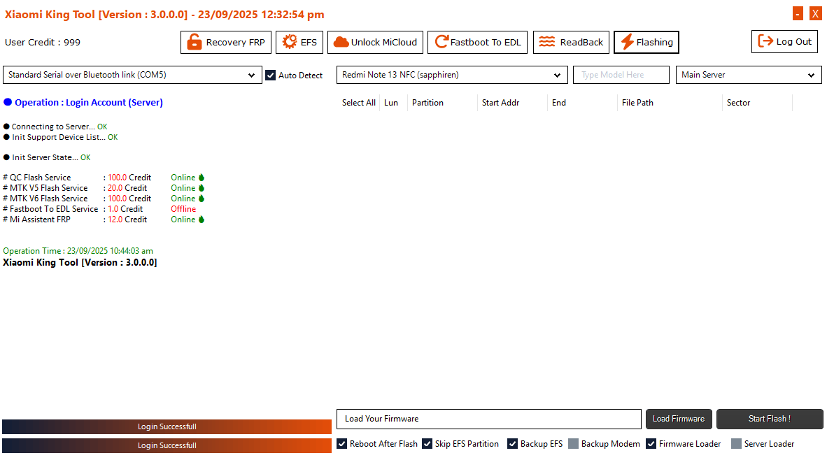 Xiaomi king tool flashing options with firmware loader backup efs and auto reboot settings