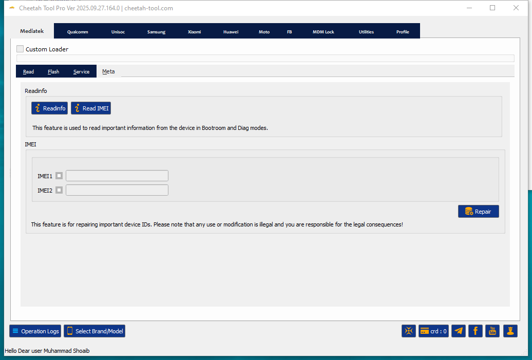 Cheetah tool software interface for android flashing frp bypass and imei repair