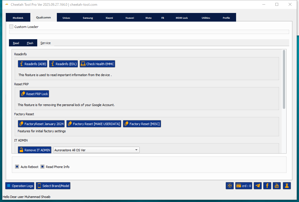 Cheetah tool mobile repair software interface with frp bypass and firmware flashing options