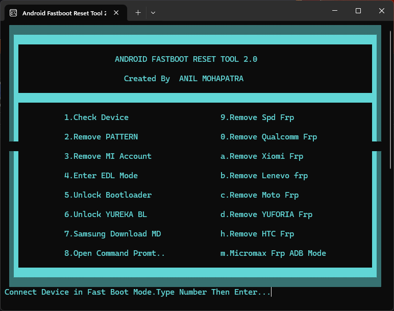Android fastboot reset tool v2. 0 latest version download 2 Android fastboot reset tool interface showing options to remove pattern lock and bypass frp.