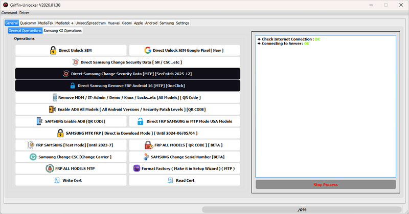 Griffin unlocker tool 2026. 03. 06 latest versions free download 2 Griffin unlocker tool interface featuring samsung kg lock removal and android 16 frp bypass options.