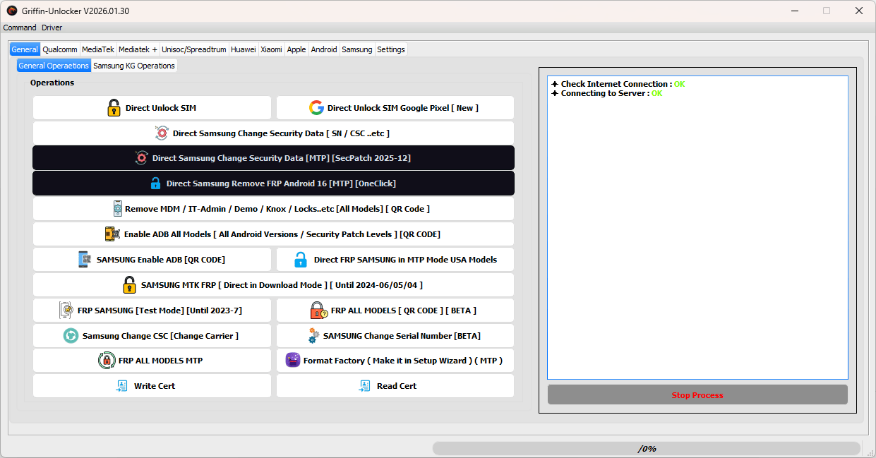 Griffin unlocker tool 2026. 01. 30 latest versions free download 2 Griffin unlocker tool interface featuring samsung kg lock removal and android 16 frp bypass options.