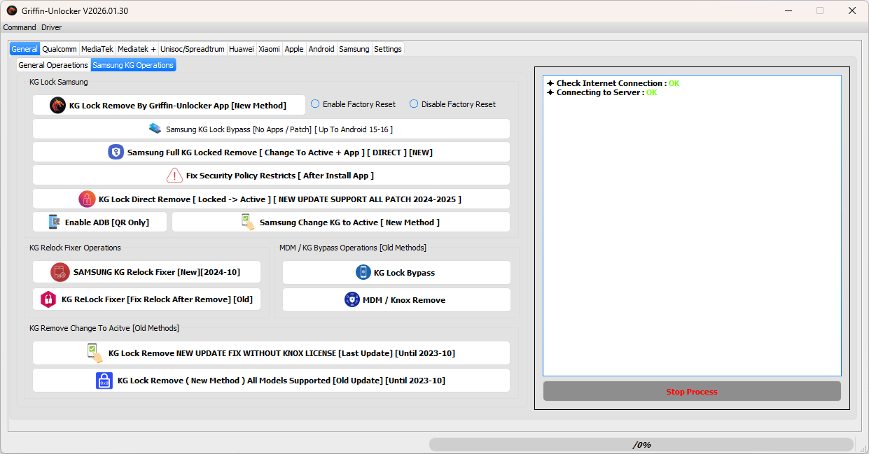 Griffin unlocker tool 2026. 03. 06 latest versions free download 3 Griffin unlocker tool dashboard showing samsung kg lock removal and direct frp bypass options for 2026 security patches.
