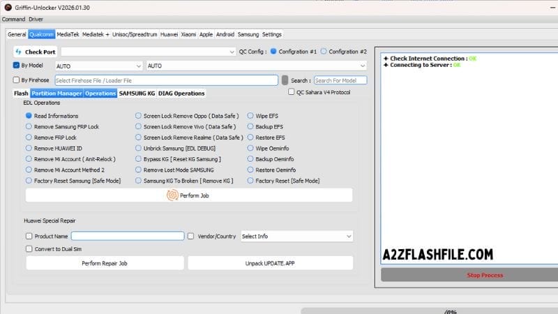 Griffin unlocker tool 2026. 03. 06 latest versions free download 4 Griffin unlocker tool dashboard showing samsung frp remove and direct unlock sim options.