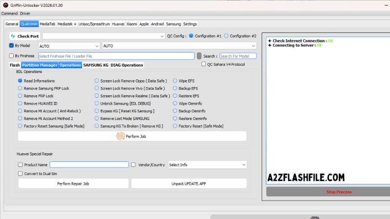 Griffin unlocker tool 2026. 01. 30 latest versions free download 4 Griffin unlocker tool dashboard showing samsung frp remove and direct unlock sim options.