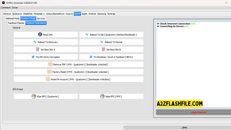 Griffin unlocker tool 2026. 01. 30 latest versions free download 12 Xiaomi service tabs for sideload mode mi account removal and fastboot mode frp bypass.
