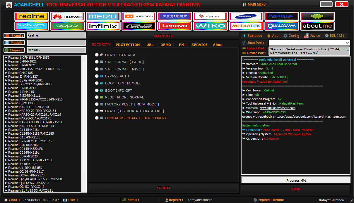 Adanichell tool mtk security tab showing options to erase userdata and bypass auth on realme phones.