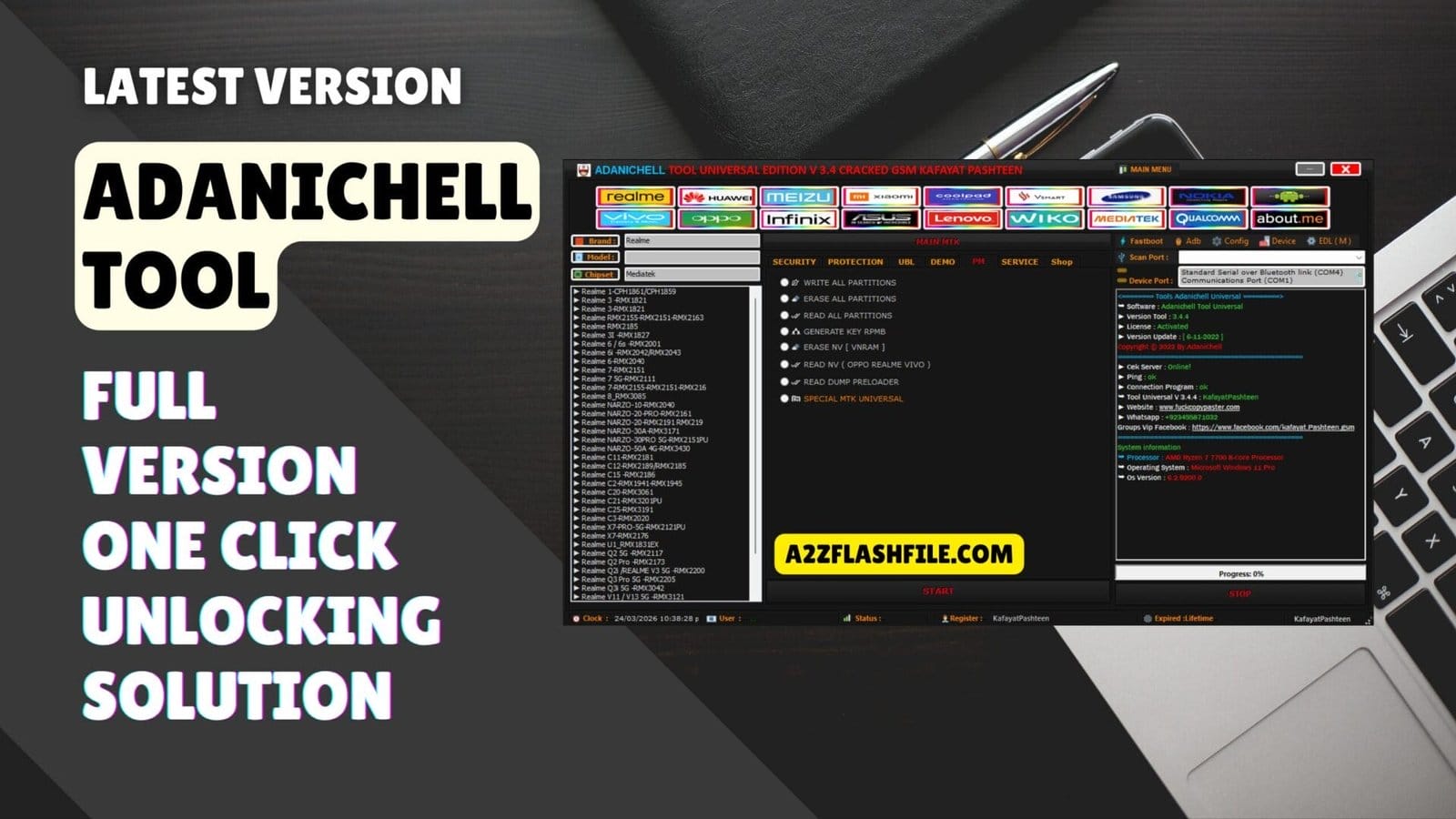 Adanichell tool main interface showing options to unlock android devices bypass frp and fix dead phones.