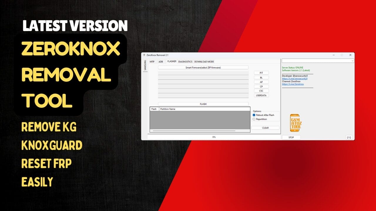 Zeroknox removal tool v2. 4 remove kg, knoxguard & reset frp easily 1 Zeroknox removal tool interface showing kg removal and frp reset options