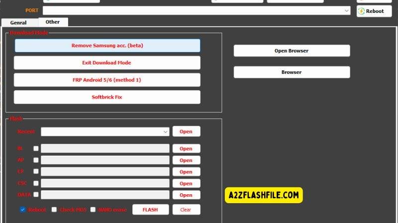 Adt service frp tool without box easy frp bypass solution 4 Adt_service tool other tab showing download mode options including remove samsung account (beta) frp android 5/6 method softbrick fix and full firmware flashing section with bl ap cp csc data file selection and flash controls.