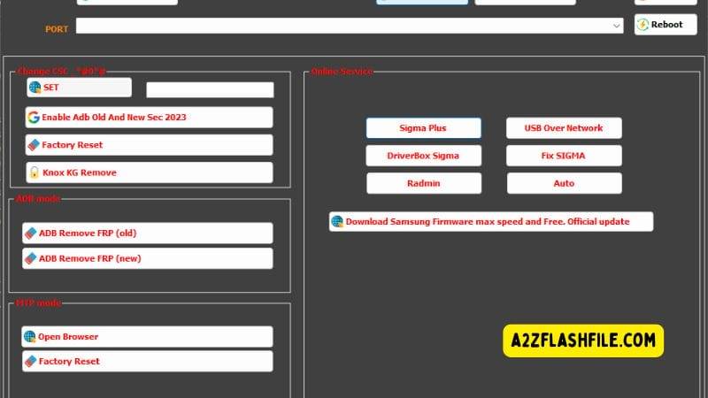 Adt service frp tool without box easy frp bypass solution 2 Adto frp tool interface showing frp remove options adb and mtp modes csc change online service buttons and samsung firmware download