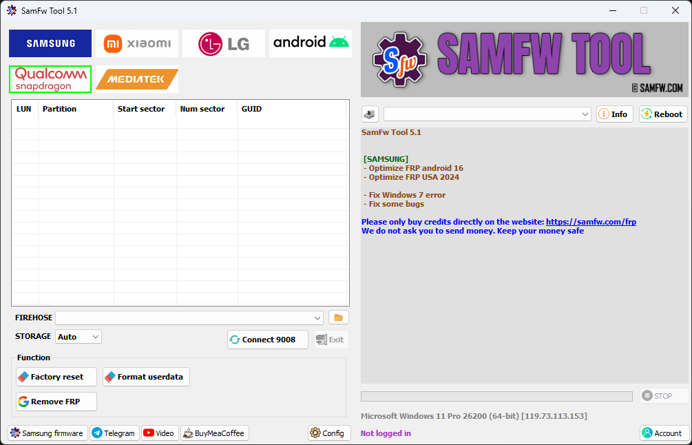 Samfw tool v5. 3 solution for samsung xiaomi and android devices 21 Samfw tool 5. 1 interface showing samsung xiaomi lg and android frp removal and flashing options