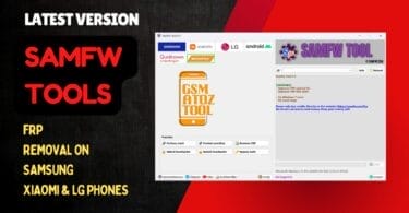 Samfw tools interface showing frp removal and android unlocking features for samsung xiaomi and lg devices