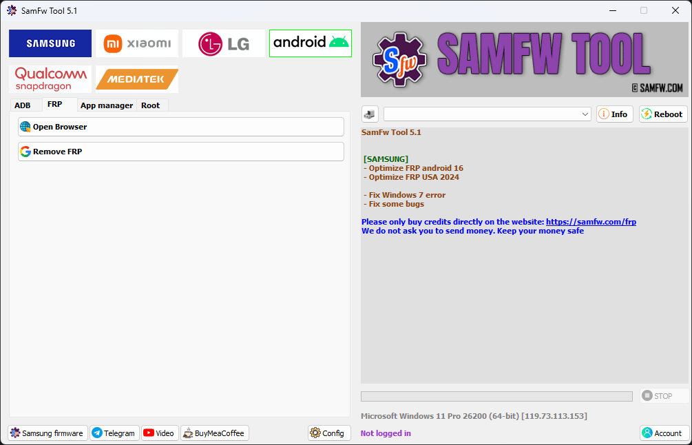 Samfw tool v5. 3 solution for samsung xiaomi and android devices 18 Samfw tool account free for samsung frp removal and android unlocking