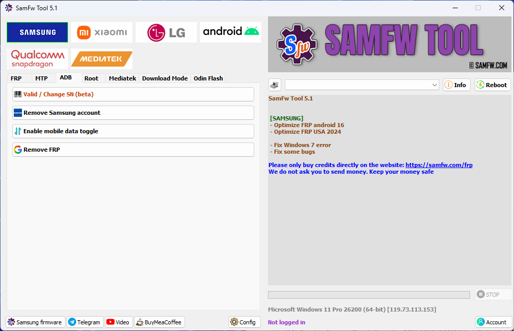 Samfw tool v5. 3 solution for samsung xiaomi and android devices 4 Samfw tool interface showing frp removal flashing and android service functions