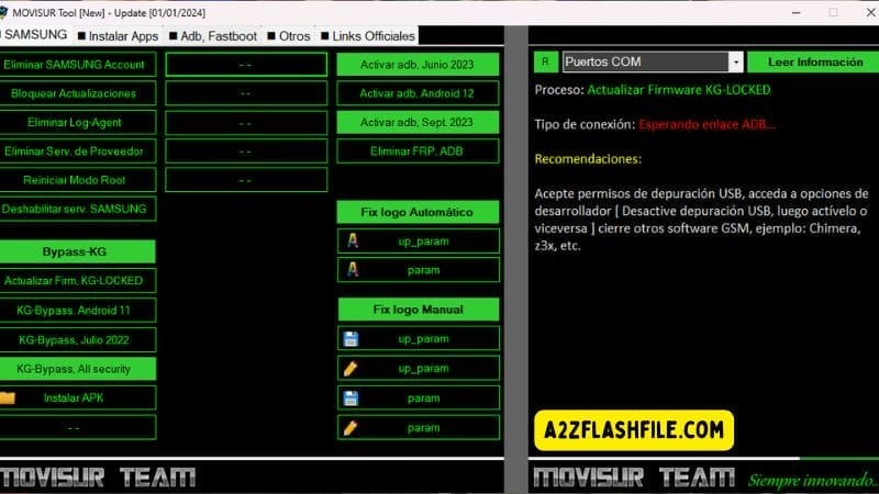 Movisur tool free download bypass frp kg lock and adb 2 Movisur tool interface showing samsung frp bypass kg lock removal adb activation and firmware update