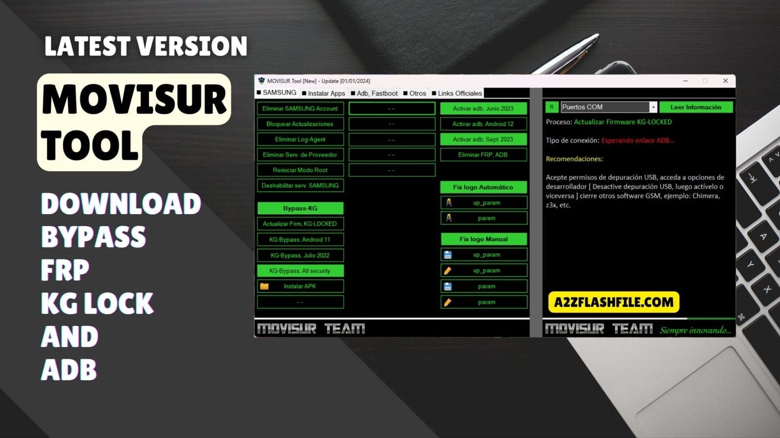 Movisur tool free download bypass frp kg lock and adb 1 Movisur tool interface showing samsung frp bypass kg lock update adb activation and bypass options