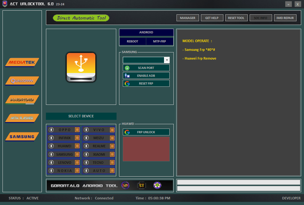 Act unlock tool v6. 0 latest version free download 8 Act unlock tool 5. 0 interface showing flashing frp removal bootloader and device service options.