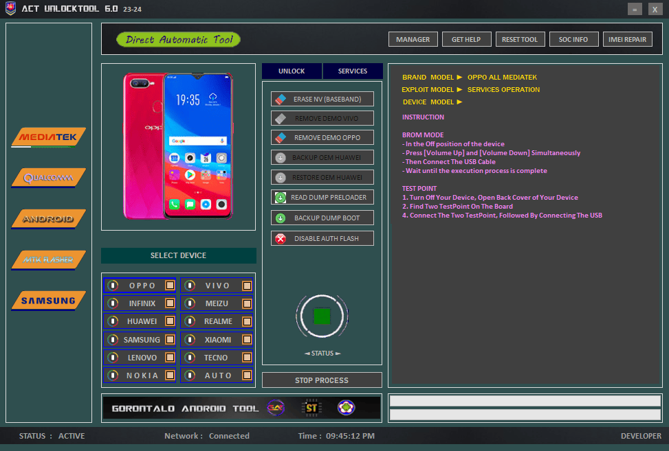 Act unlock tool 6. 0 interface showing mediatek qualcomm android mtk flasher and samsung options