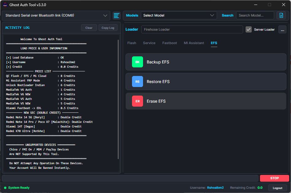 Ghost auth tool efs tab showing backup efs restore efs and erase efs options for safe imei and baseband protection on xiaomi redmi and poco devices