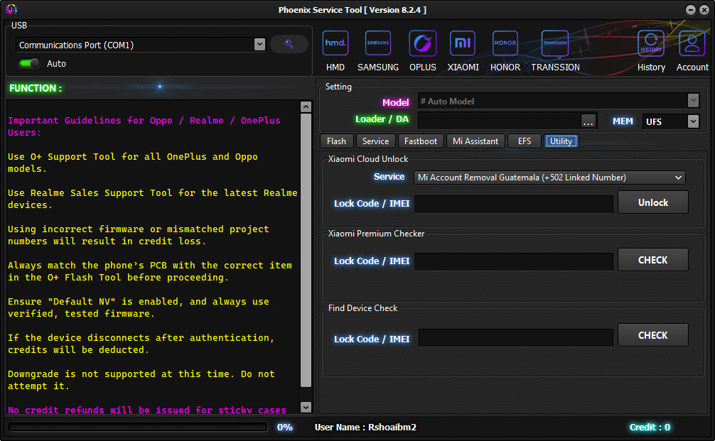 Phoenix service tool v8. 2. 4 erase user data and reset frp on samsung 12 Phoenix service tool utility tab with xiaomi cloud unlock options