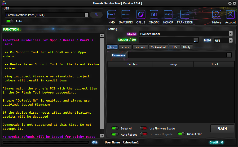 Phoenix service tool v8. 2. 4 erase user data and reset frp on samsung 7 Phoenix service tool interface showing flash service fastboot and firmware options