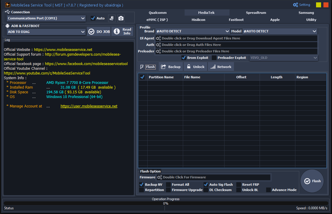 Mobile sea tool the mediatek flash tab with brom exploit and firmware double click for firmware options.