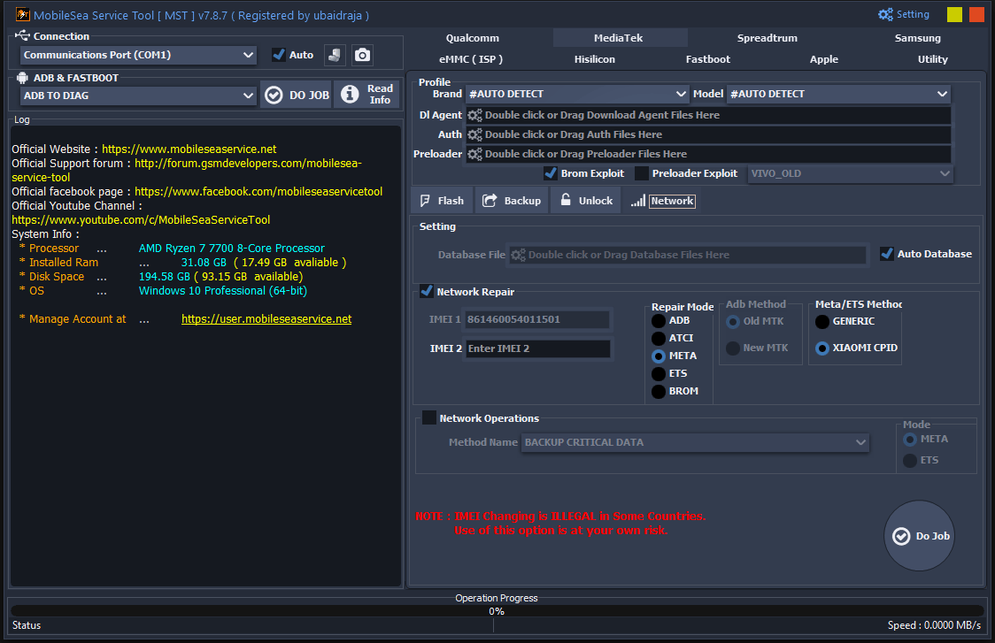 Mobile sea tool the mediatek network tab with imei repair meta mode and xiaomi cpid options.
