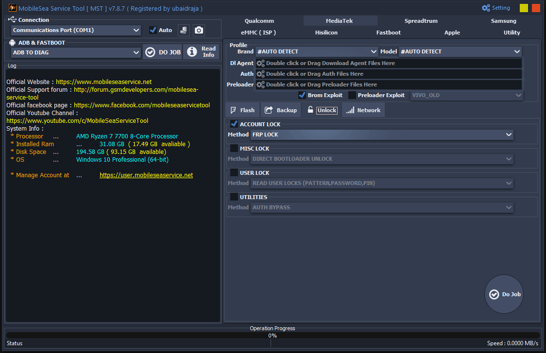 Mobile sea tool the mediatek unlock tab with frp lock and brom exploit options.
