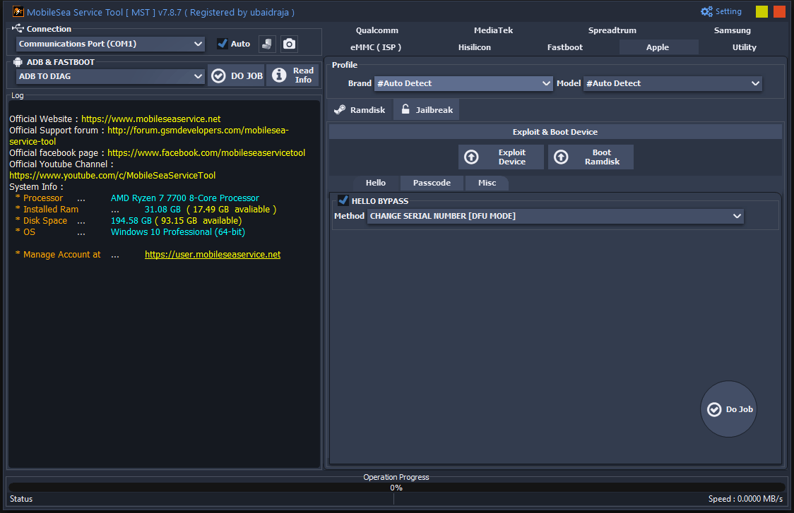 Mobilesea service tool the apple ramdisk tab with the hello bypass and change serial number in dfu mode method selected.