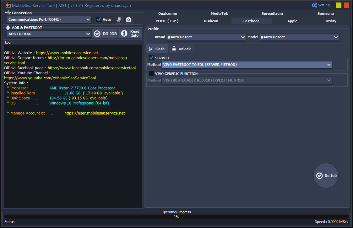 Mobilesea service tool the fastboot unlock tab with the vivo fastboot to edl server method selected.