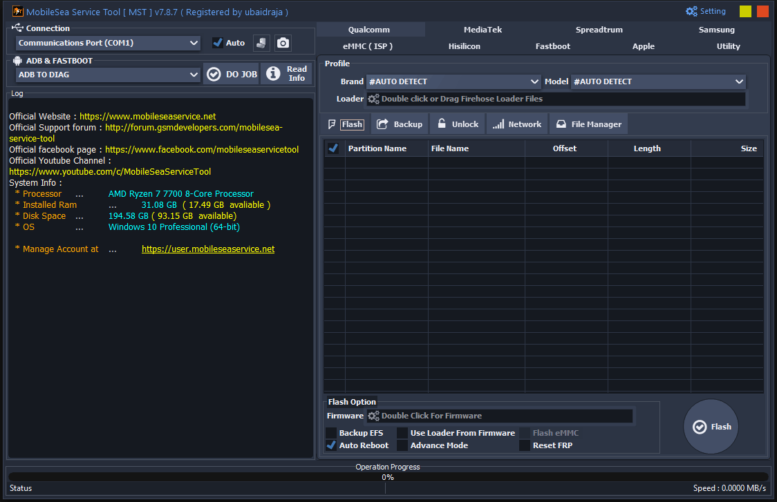 Mobilesea service tool interface showing the qualcomm flash tab with firehose loader and firmware options.