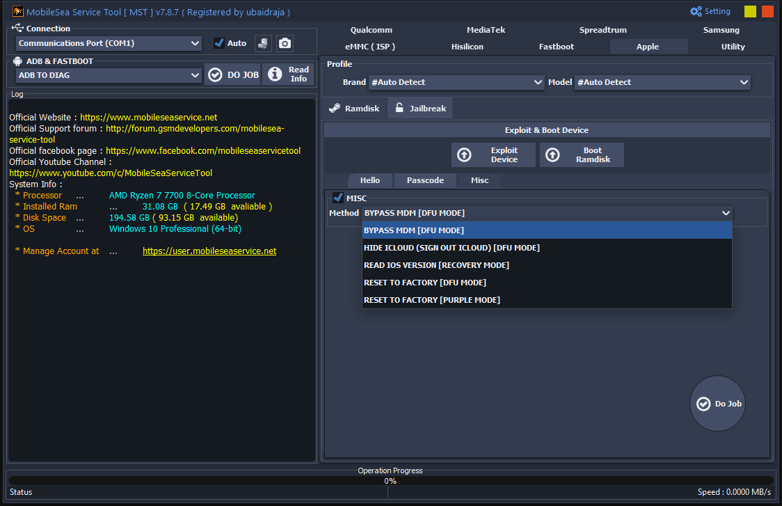 Mobilesea service tool the apple ramdisk misc tab with the bypass mdm in dfu mode method selected.