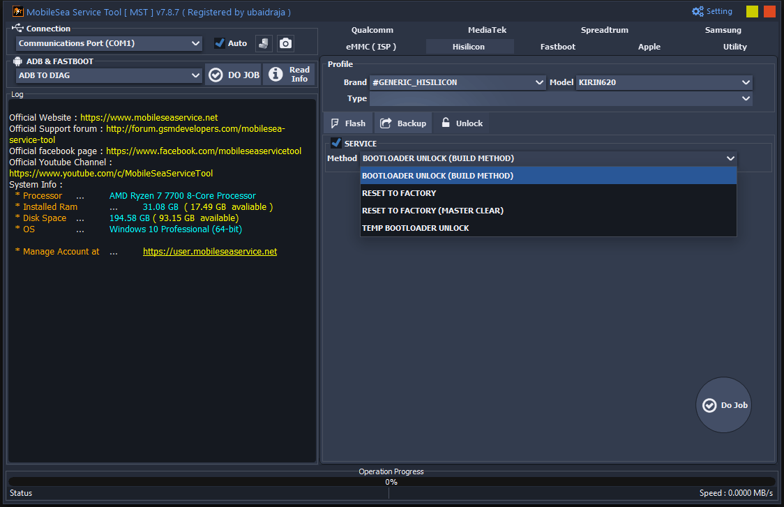 Mobilesea service tool the hisilicon unlock tab with the bootloader unlock build method dropdown menu active.