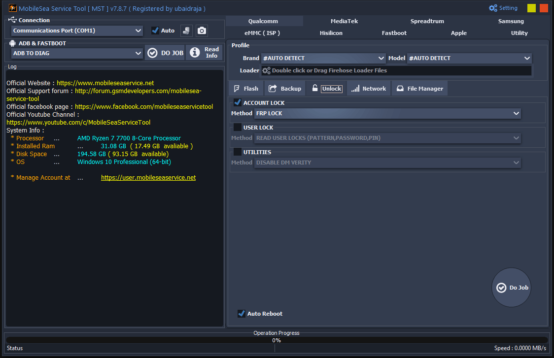 Mobilesea service tool the qualcomm unlock tab with frp lock and account lock bypass options.