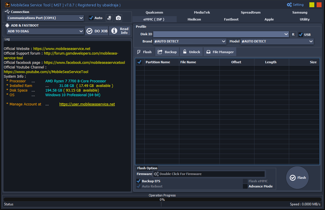 Mobileservice the emmc isp flash tab with backup efs auto reboot and disk io options.