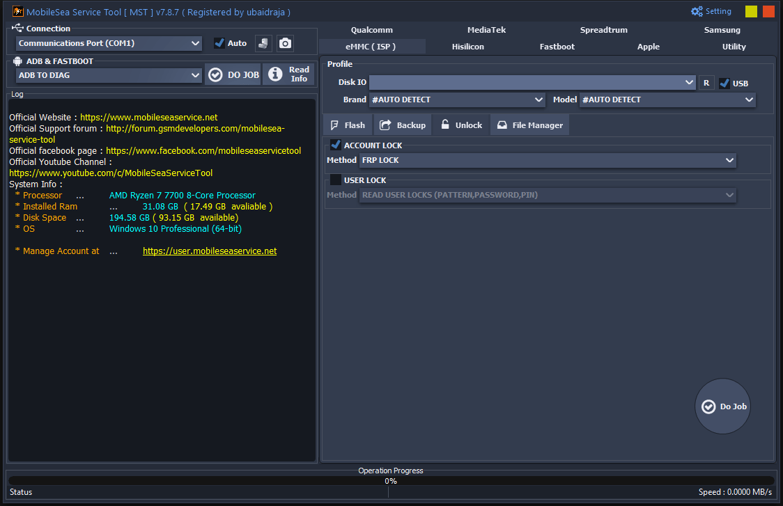 Mobileservice tool the emmc isp unlock tab with frp lock bypass and disk io usb options.