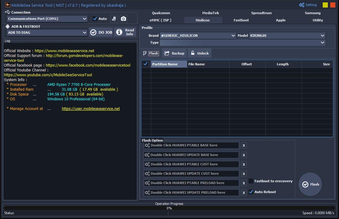 Mobileservice the hisilicon flash tab with huawei ptable and update firmware file inputs.