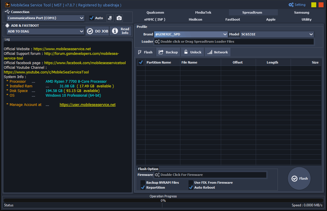 Mst tool the spreadtrum flash tab with repartition auto reboot and loader options.
