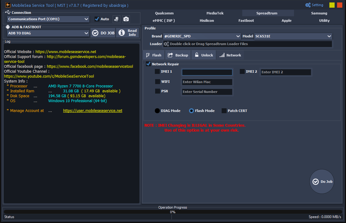 Mst tool the spreadtrum network tab with imei repair and flash mode options.