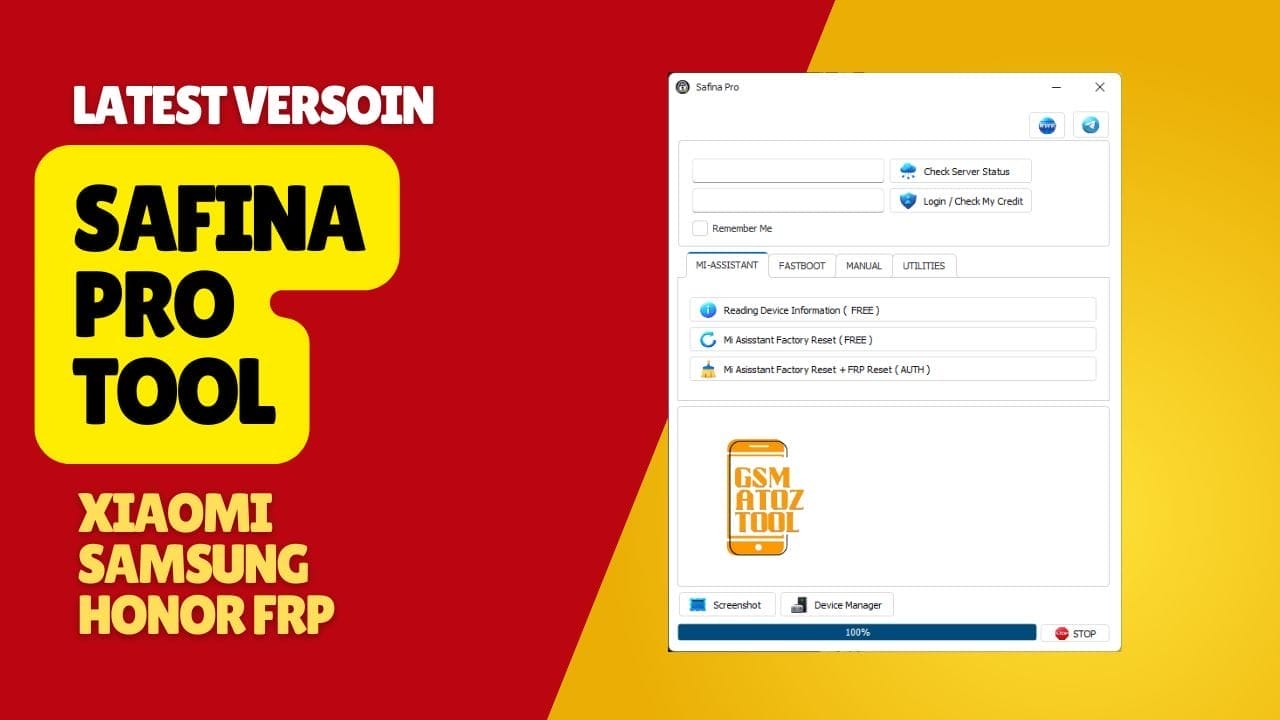 Safinapro tool xiaomi, samsung & honor frp 1 Safina pro tool interface showing mi assistant fastboot frp reset and xiaomi activation lock options