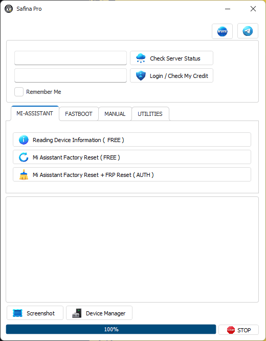 Safinapro tool xiaomi, samsung & honor frp 2 Safina pro tool interface showing mi assistant fastboot and frp reset options