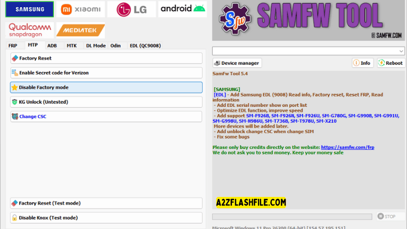 Samfw tools 5. 4 for frp removal on samsung xiaomi & lg phones 3 Samfw tool showing options for factory reset disabling factory mode and changing csc.