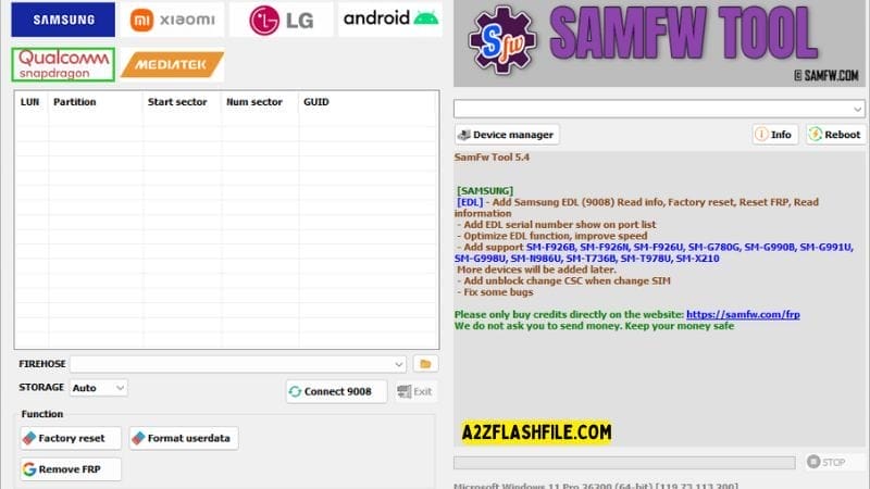 Samfw tools 5. 4 for frp removal on samsung xiaomi & lg phones 21 Samfw tool showing partition details and options for connecting to qualcomm 9008 mode and managing storage.