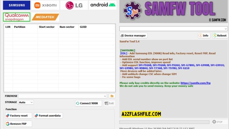 Samfw tools 5. 4 for frp removal on samsung xiaomi & lg phones 21 Samfw tool showing partition details and options for connecting to qualcomm 9008 mode and managing storage.